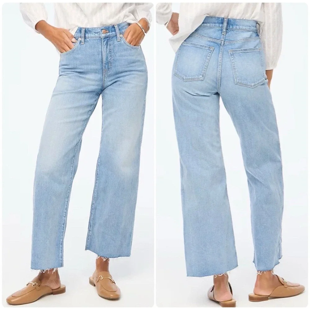 J. Crew Light Wash Slim Wide Leg High Waisted Ankle Jeans‎ Raw Hem Size 31 Tall